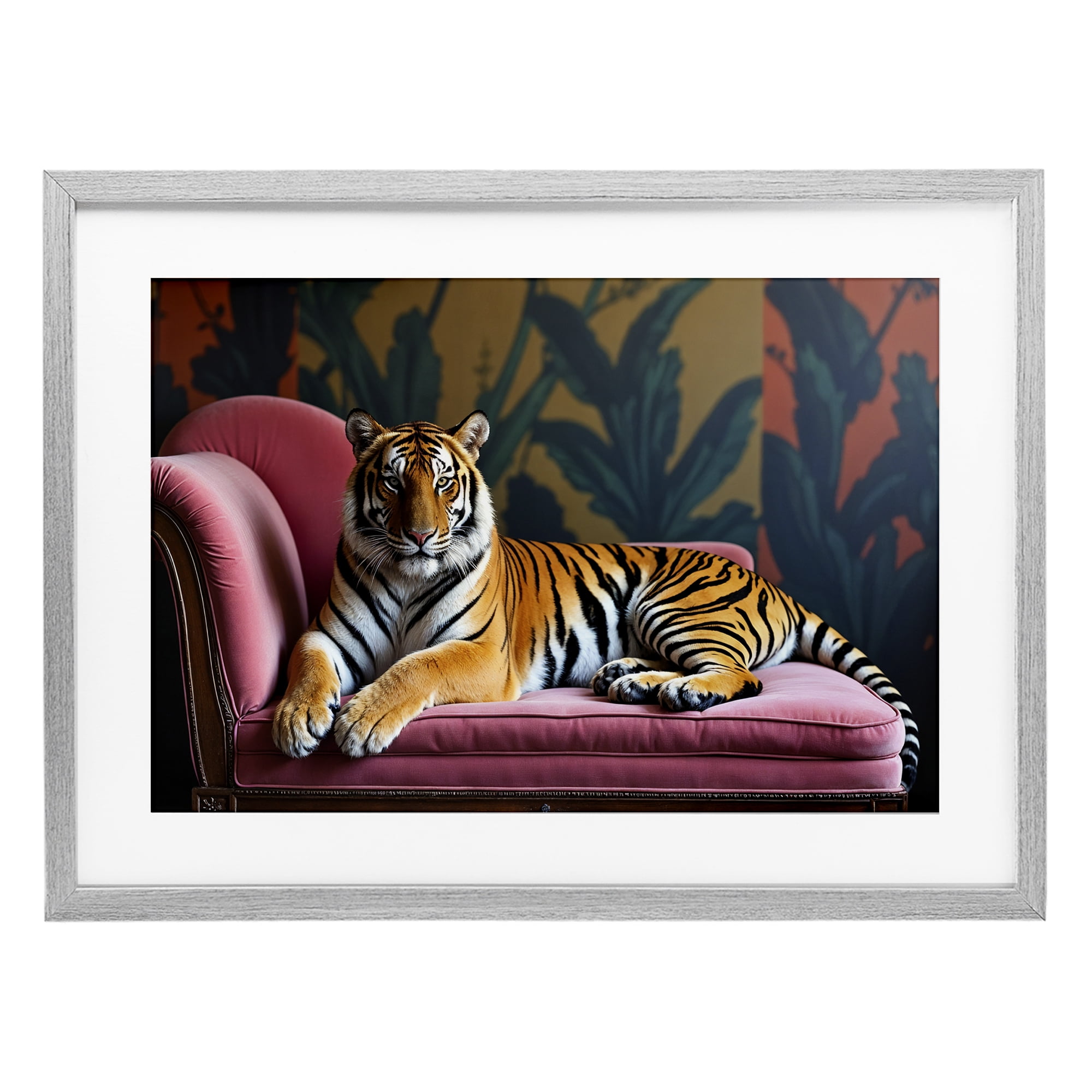 Exotic Tiger Lounging Gray Framed Print Under Glass, design by Lettered and Lined