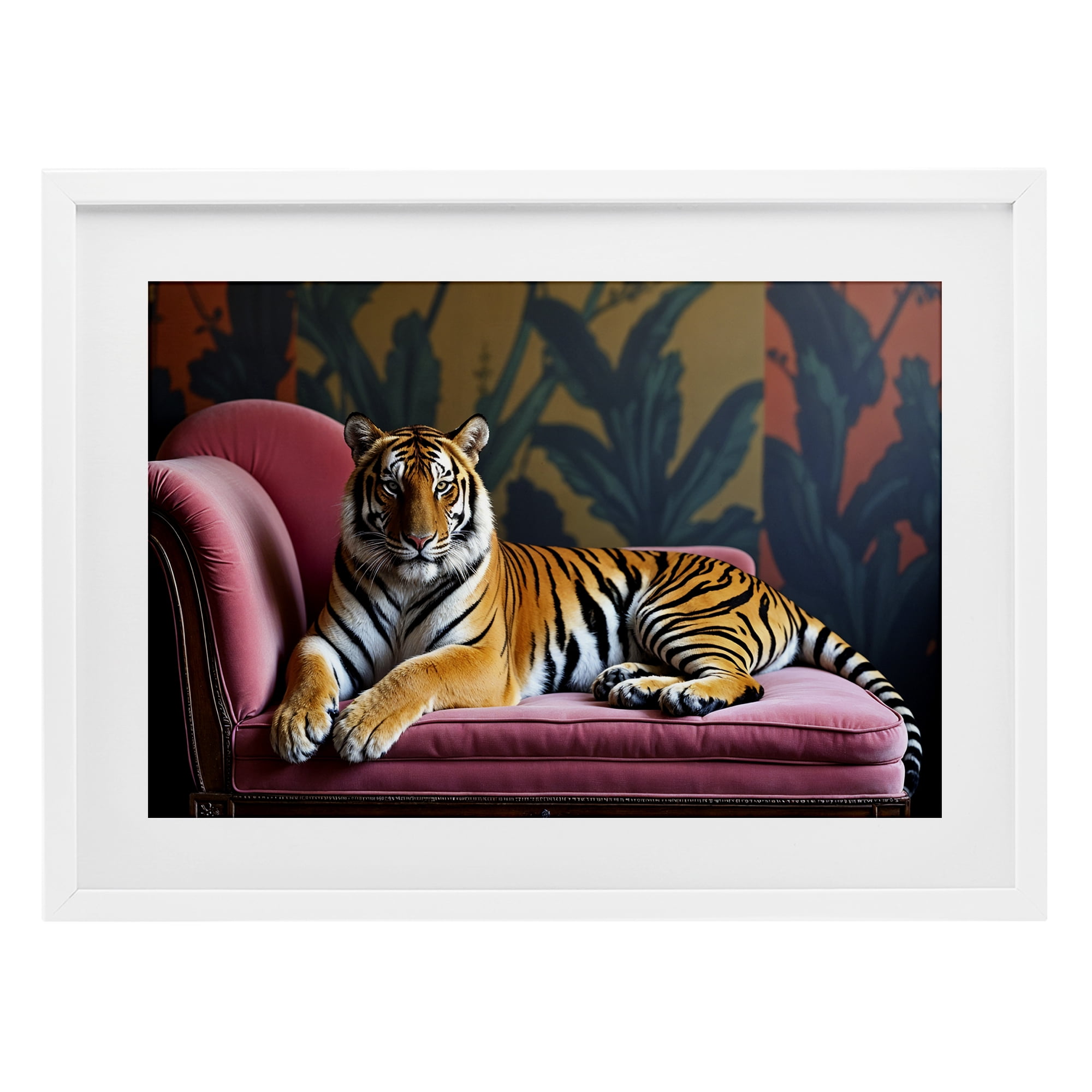 Exotic Tiger Lounging White Framed Print Under Glass, design by Lettered and Lined