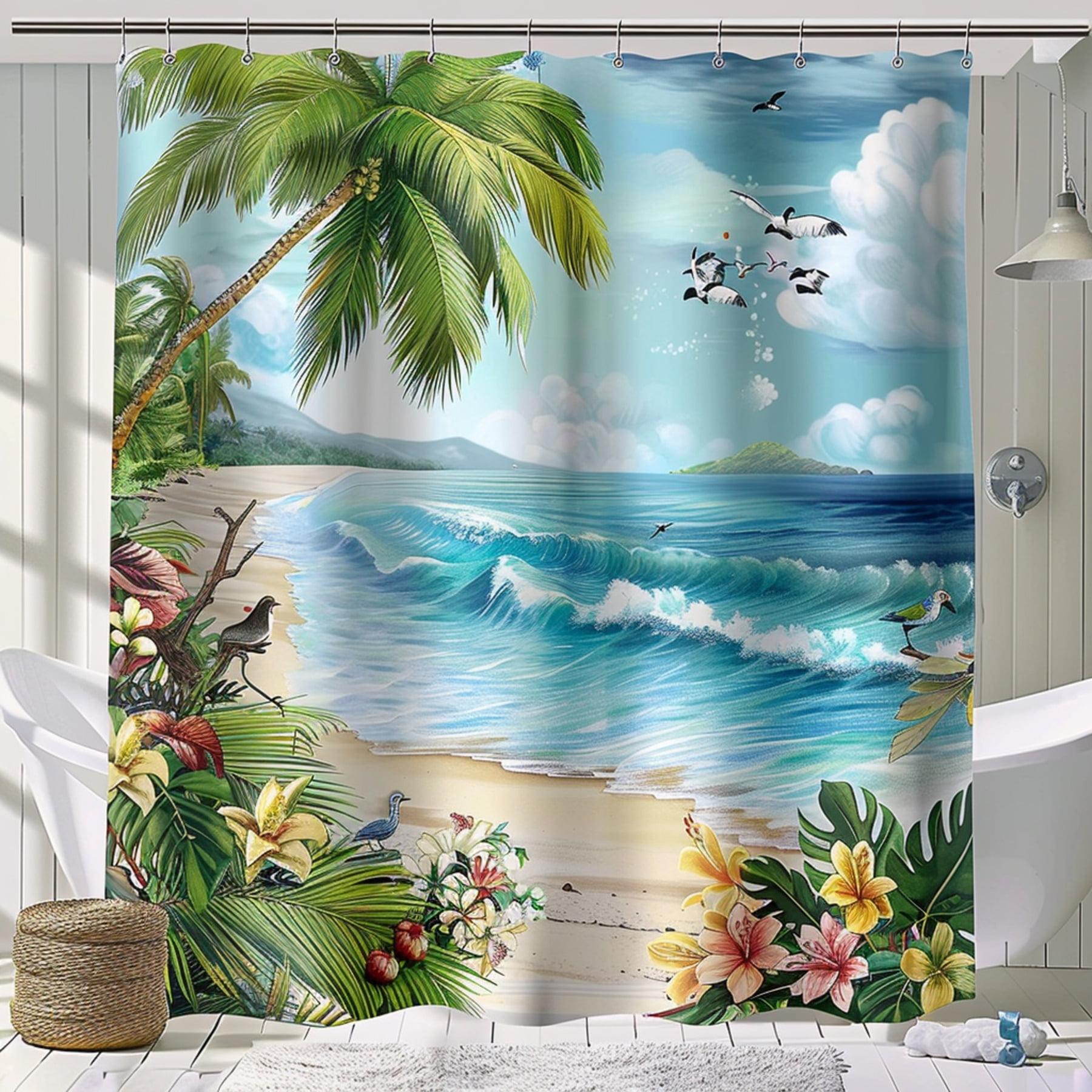 Exotic Tropical Beach Shower Curtain Palm Trees Waves Flowers and Birds ...