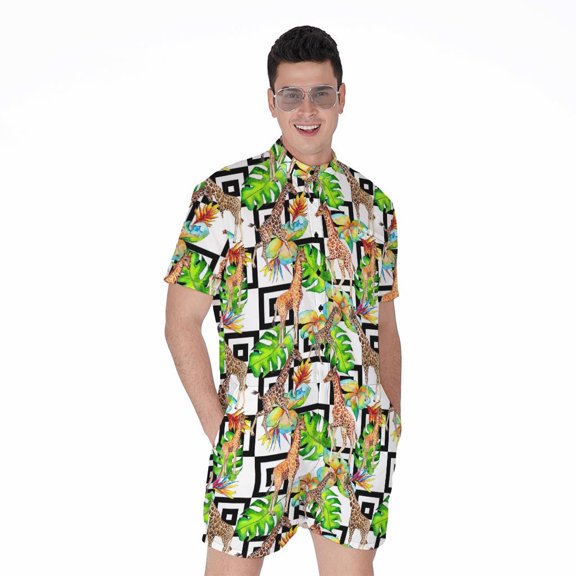 Exotic Tropical Giraffe Pattern Short Sleeve Men'S Rompers, Aloha Tropical Hawaiian Casual Summer Jumpsuits Outfit