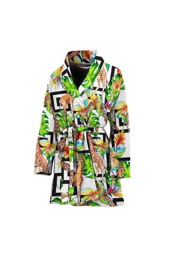 Exotic Tropical Giraffe Pattern Women Bathrobe One Size Univeral Fits, Aloha Tropical Hawaiian Fashion Lightweight Plush Fleece Long Robe For Women