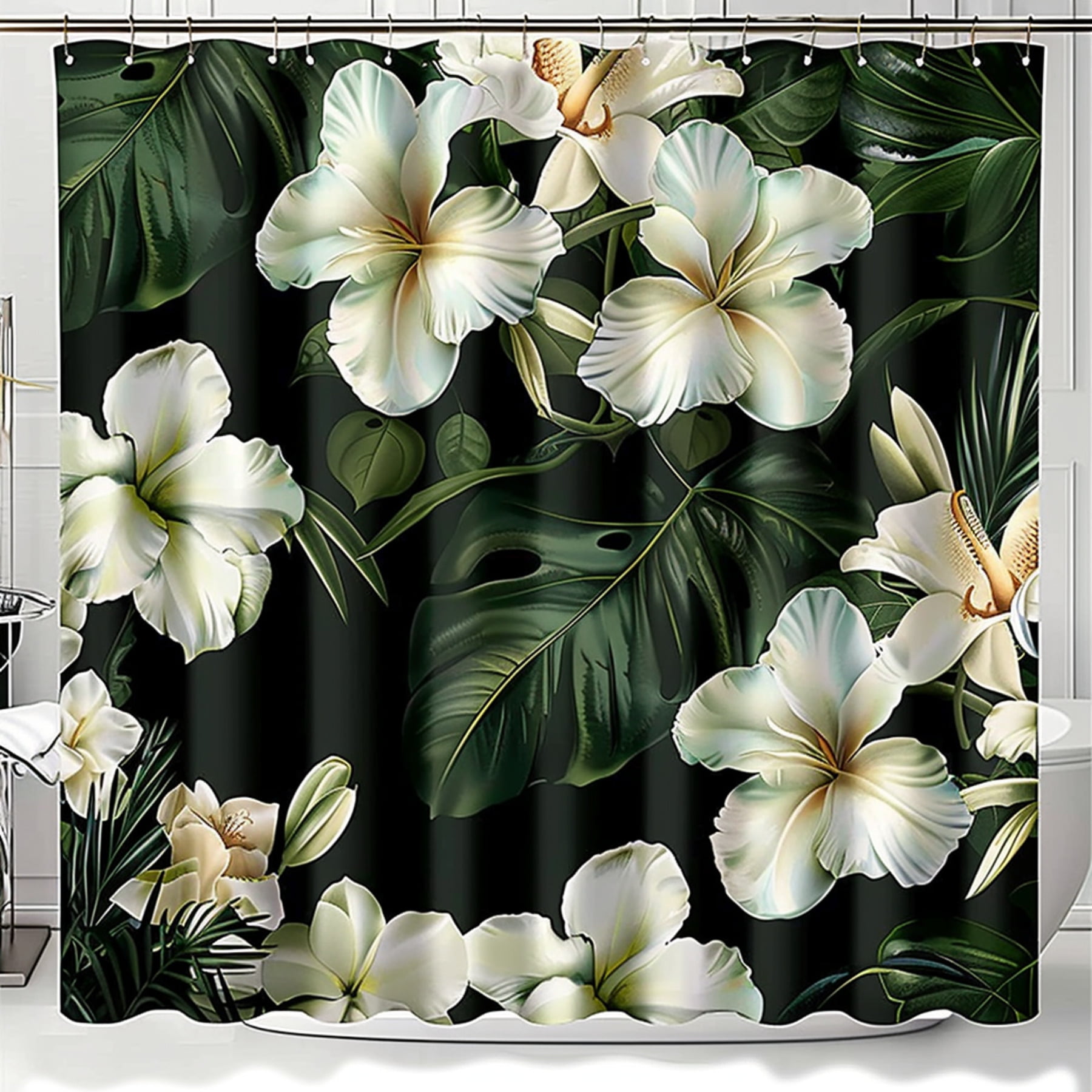 Exotic Tropical Green And White Flowers Shower Curtain Ultra Realistic 