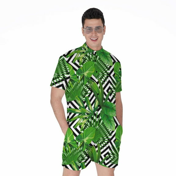 Exotic Tropical Leaves Pattern Short Sleeve Men'S Rompers, Aloha Tropical Hawaiian Casual Summer Jumpsuits Outfit