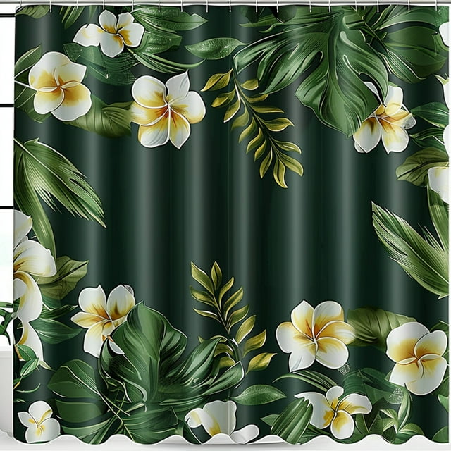 Exotic Tropical Leaves and Flowers Shower Curtain Dark Green Background