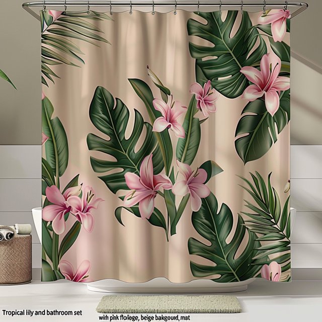 Exotic Tropical Lily and Banana Leaves Shower Curtain Set Transform