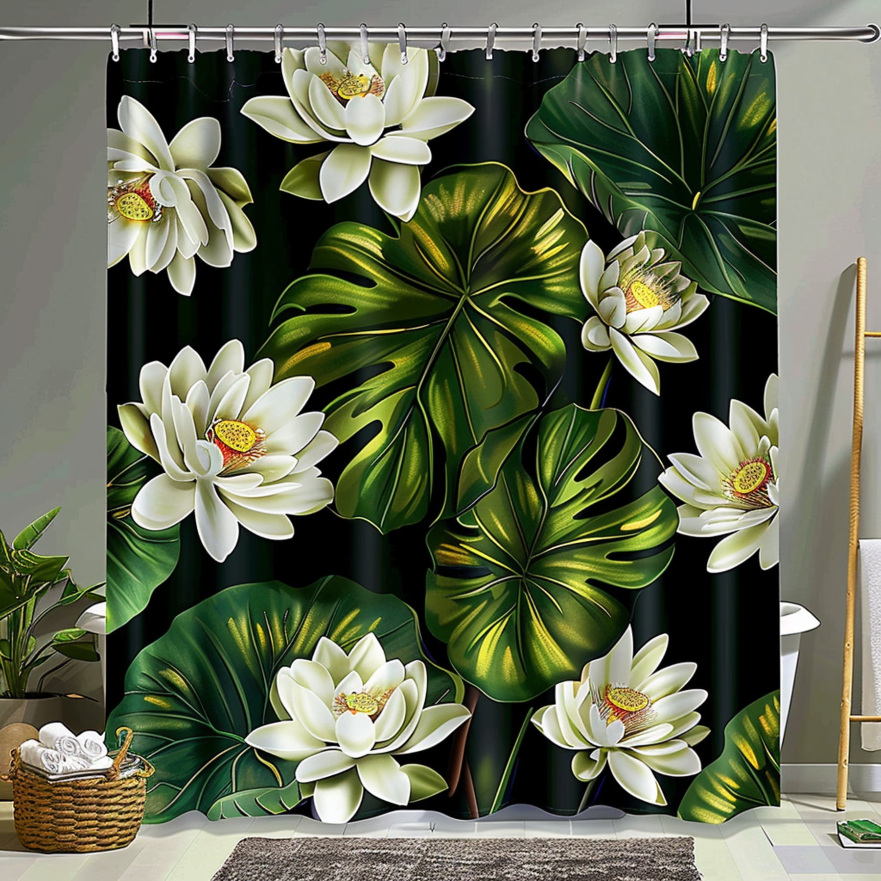 Exotic Tropical Monstera Water Lily Shower Curtain Vibrant Green Leaves