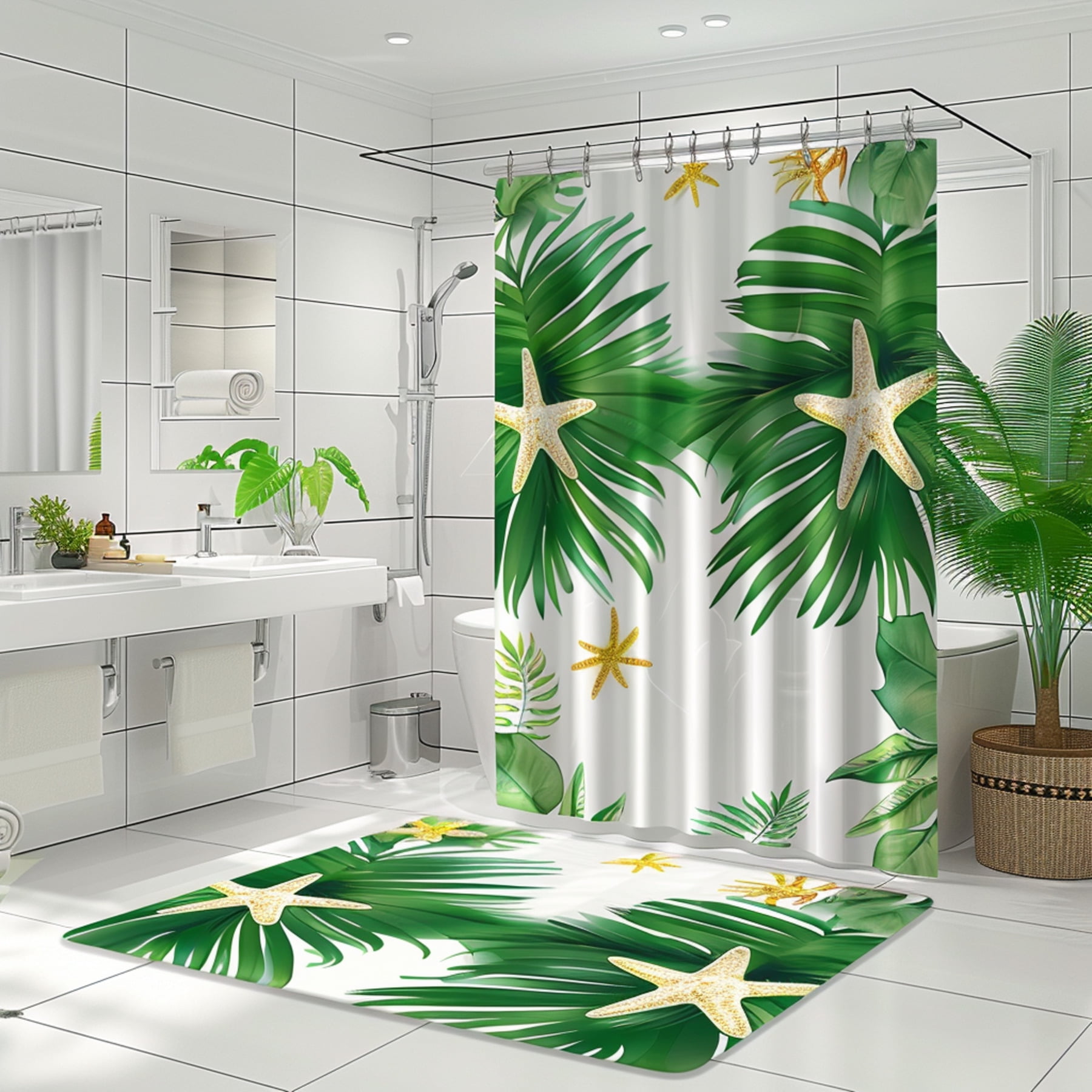 Exotic Tropical Rainforest Bathroom Decor Set White Walls Starfish