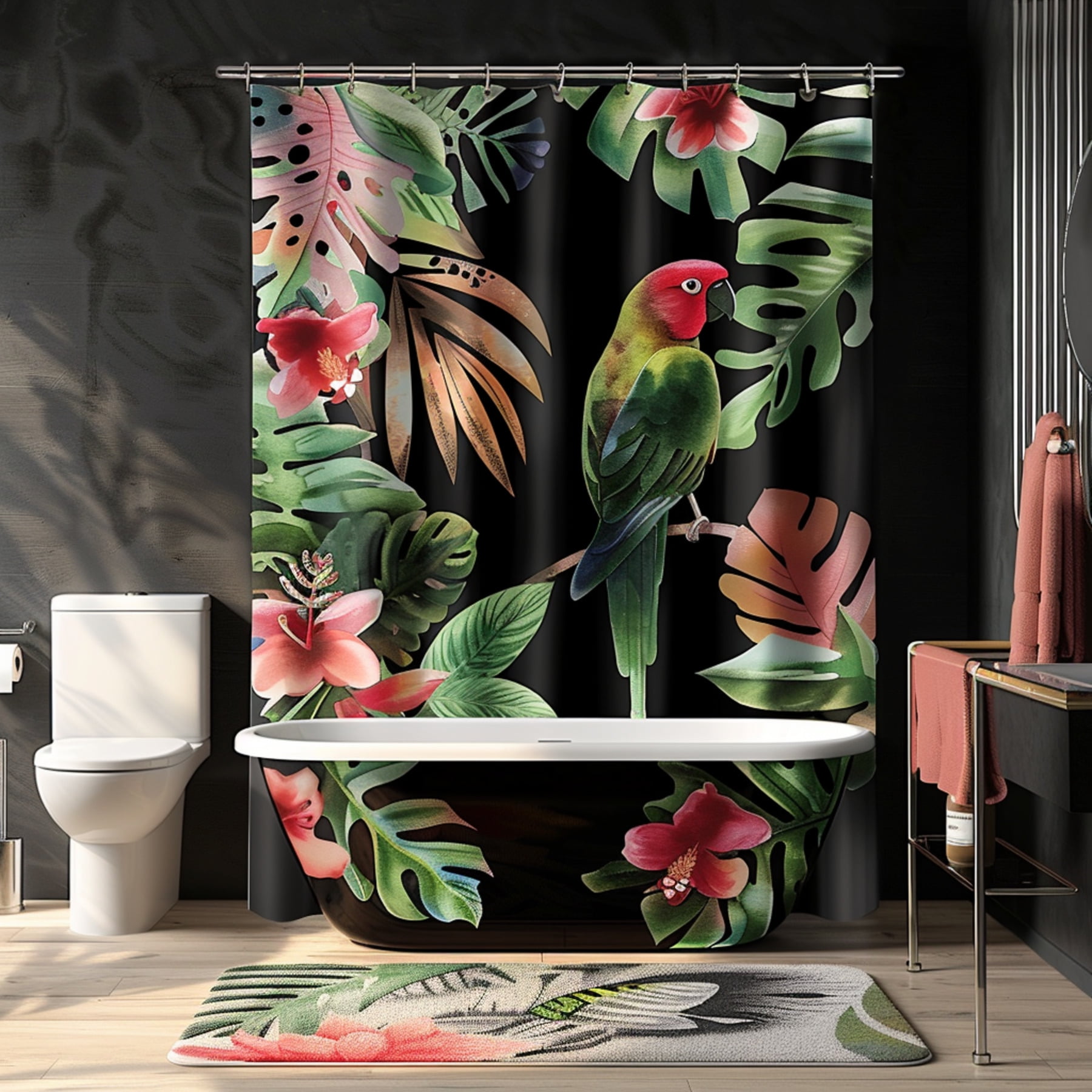 Exotic Tropical Rainforest Bathroom Decor with Parrot and Flowers