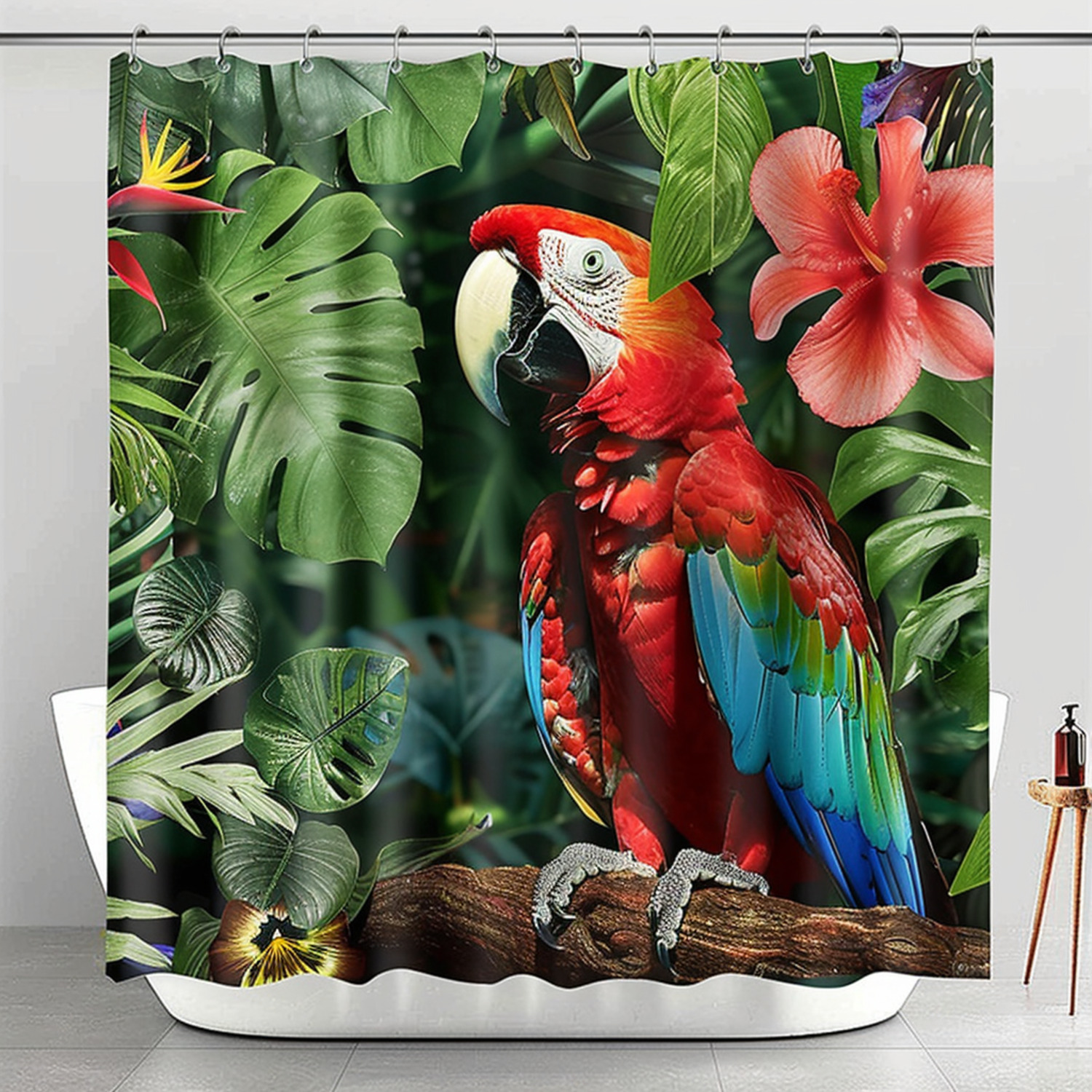 Exotic Tropical Rainforest Macaw Parrot Shower Curtain with Bright