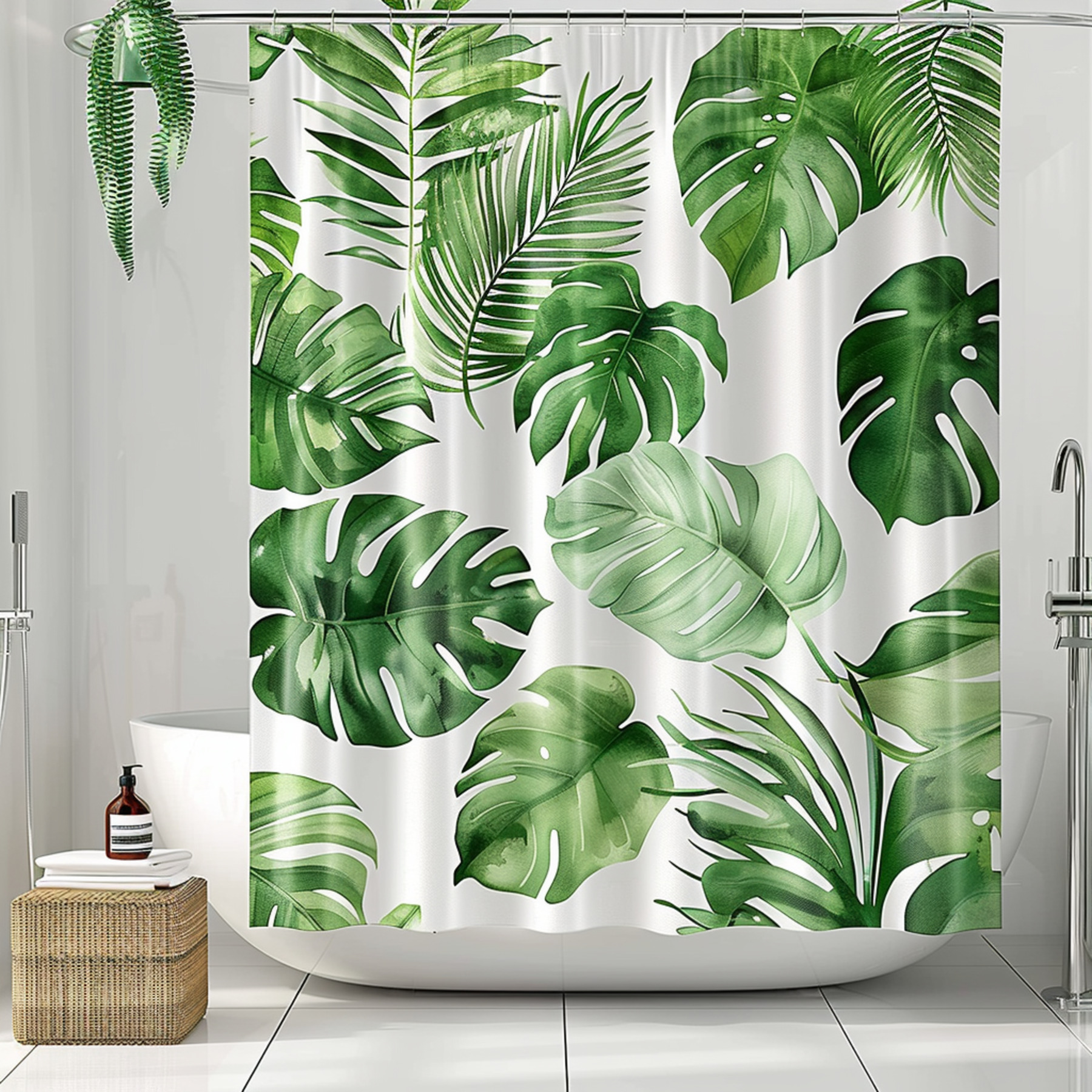 Exotic Tropical Rainforest Shower Curtain Green Palm Leaves & Monstera