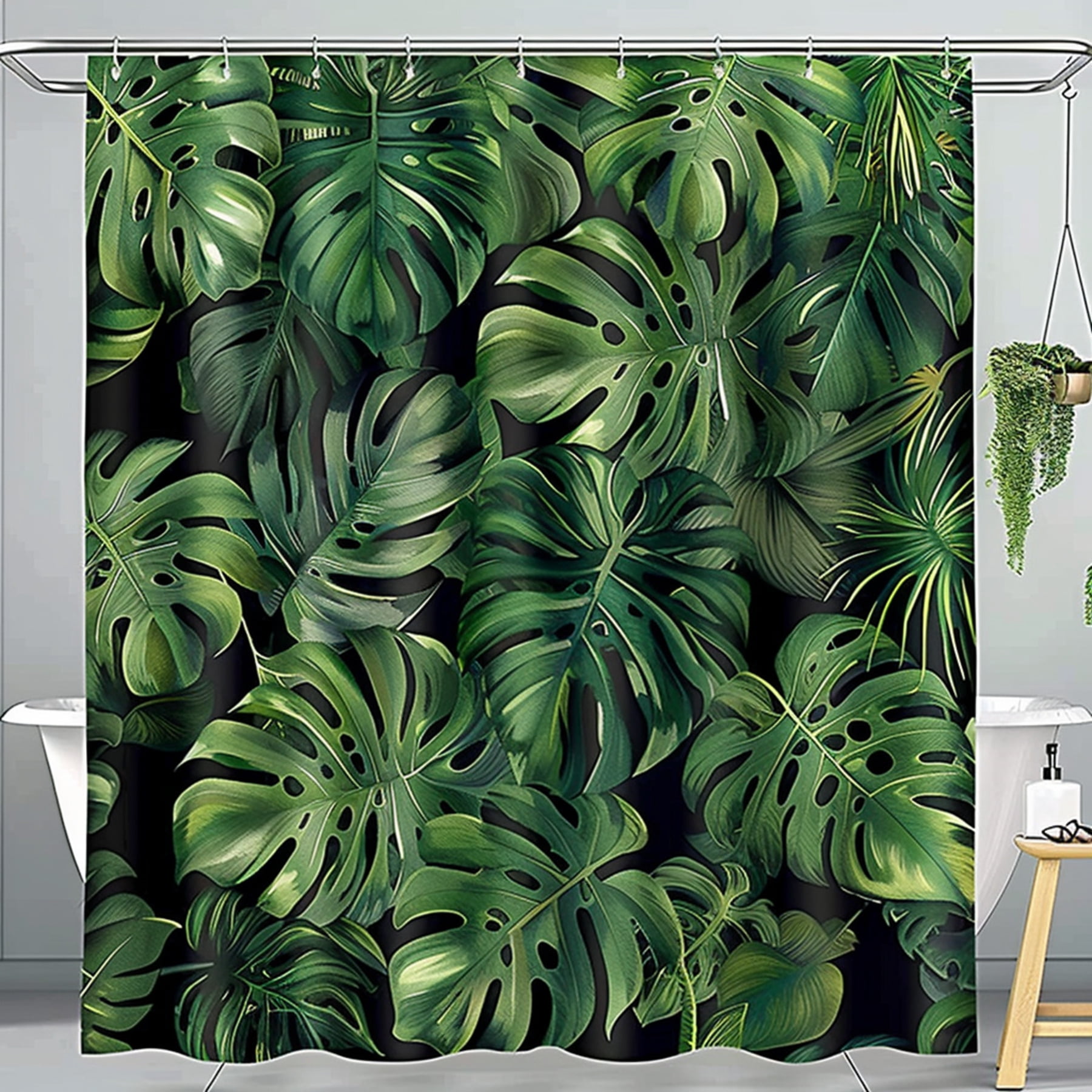 Exotic Tropical Rainforest Shower Curtain Monstera And Palm Leaf Design