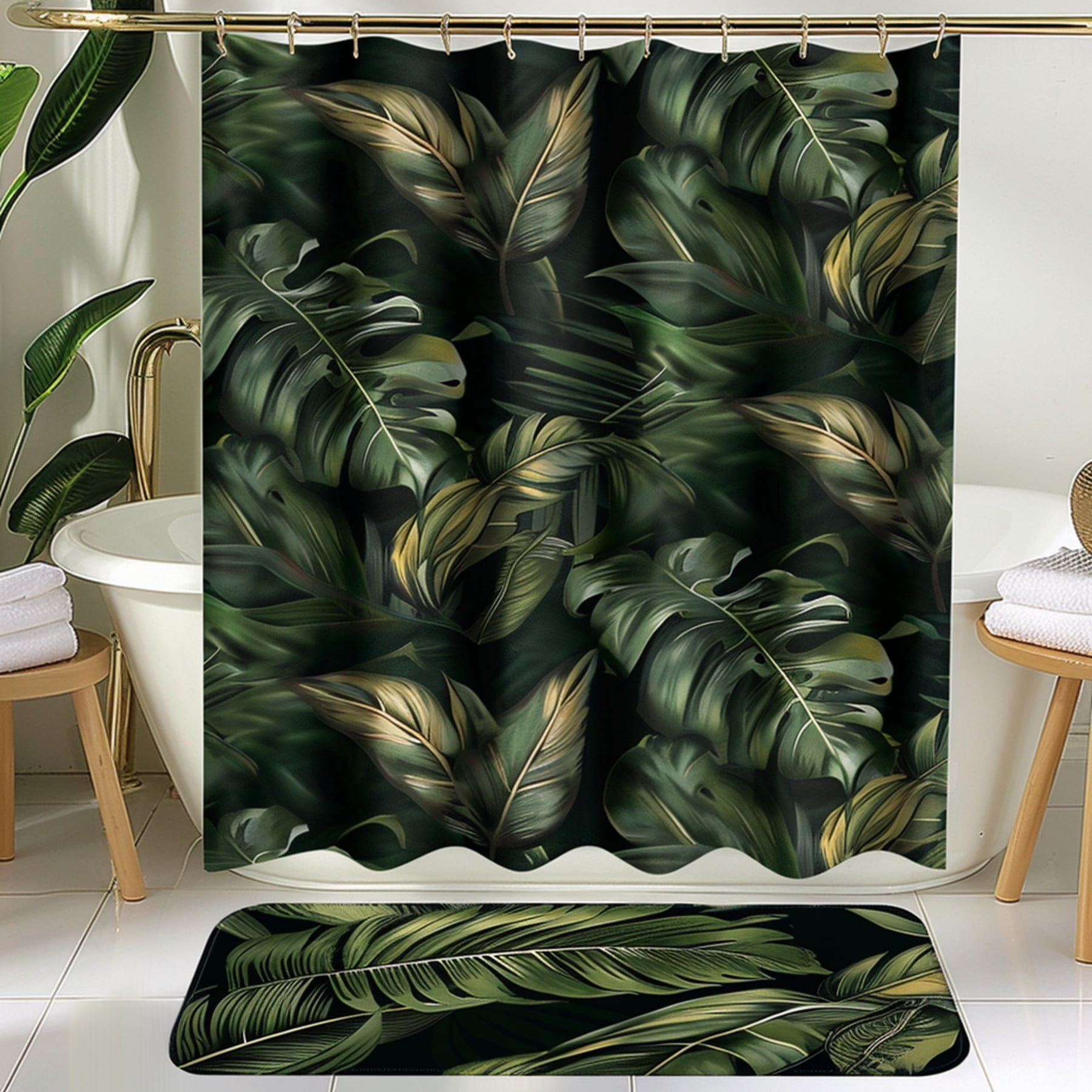 Exotic Tropical Rainforest Shower Curtain Set Dark Green And Black Leaf