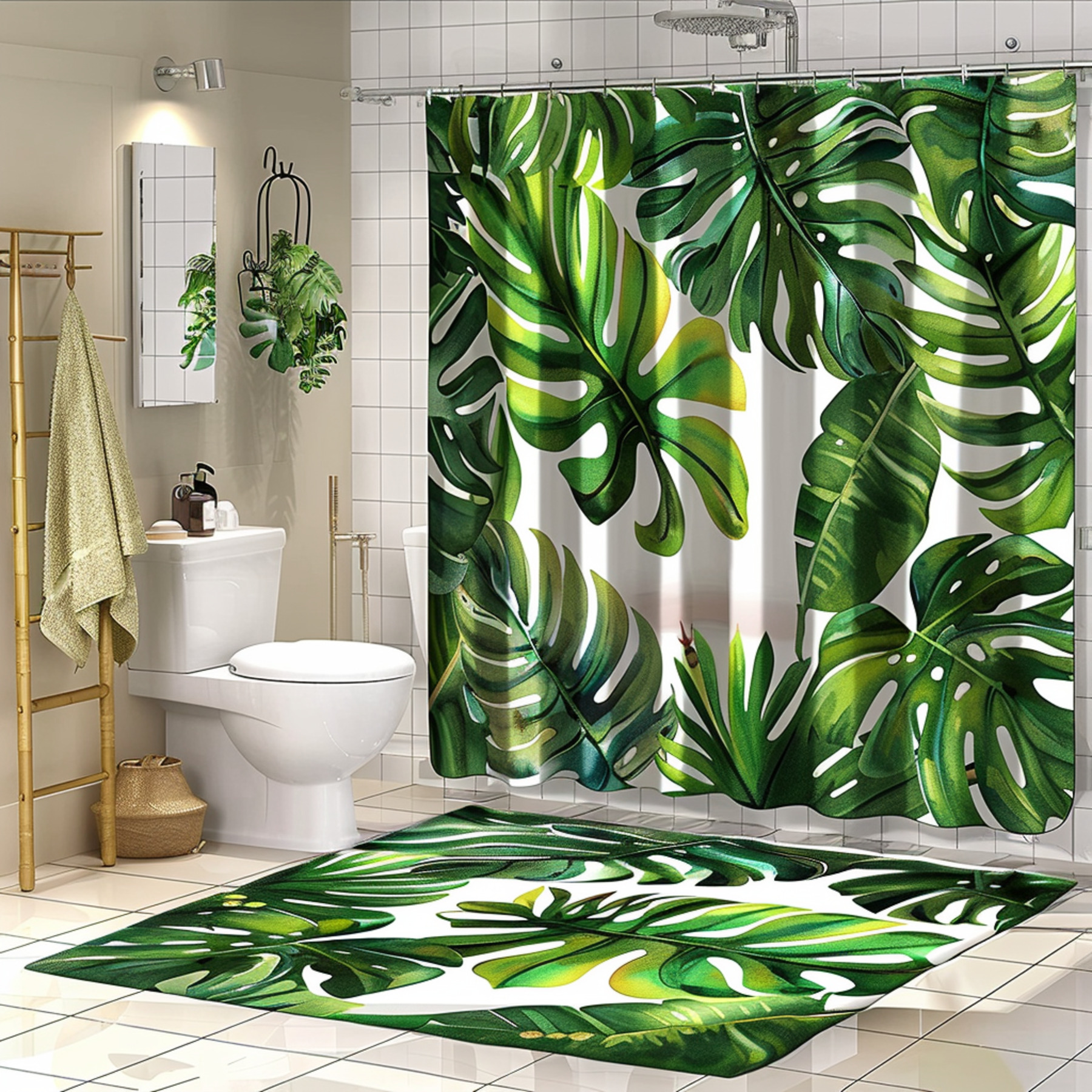 Exotic Tropical Rainforest Shower Curtain with Banana Leaf Print Green Monstera Leaves Bathroom