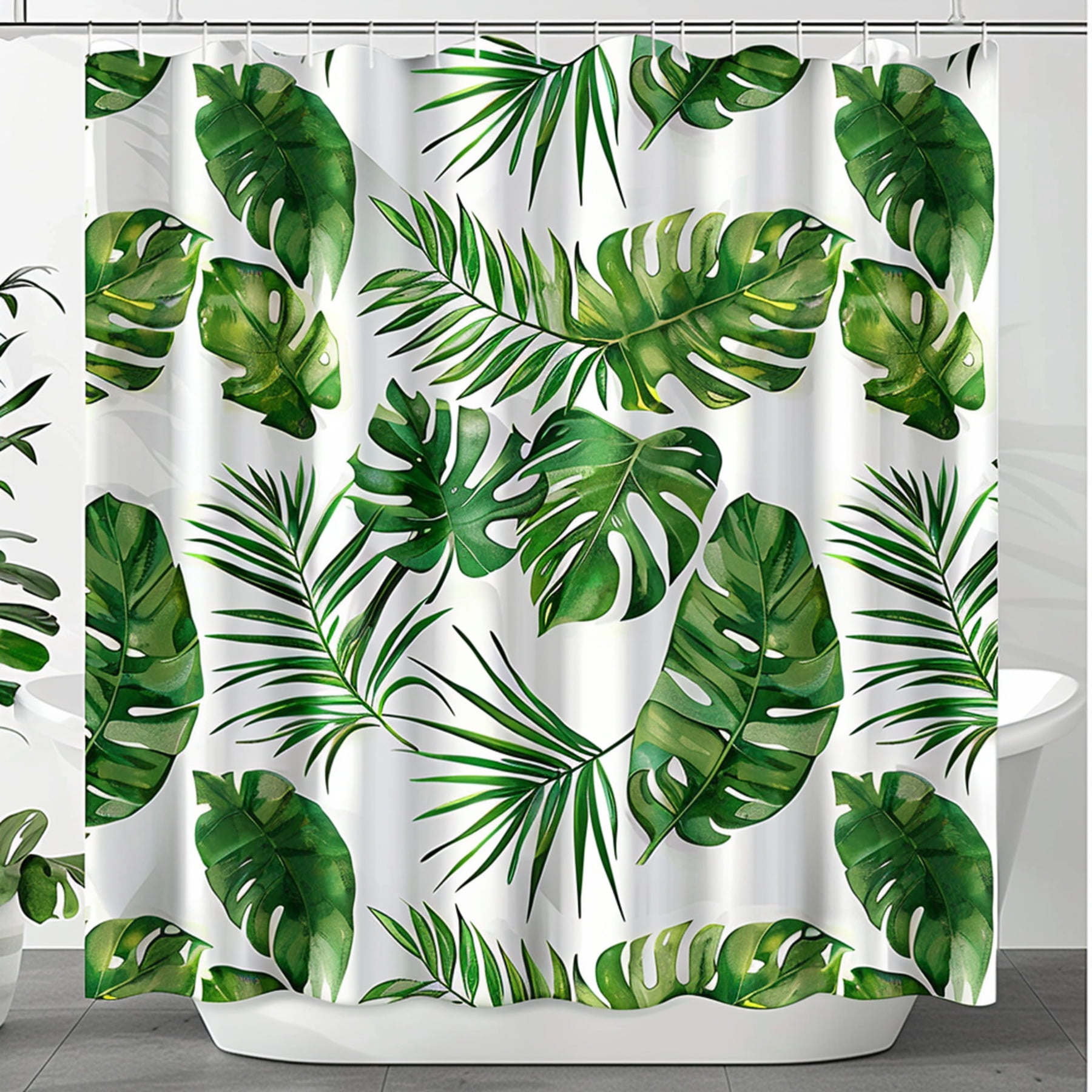 Exotic Tropical Rainforest Shower Curtain With Monstera And Palm Tree