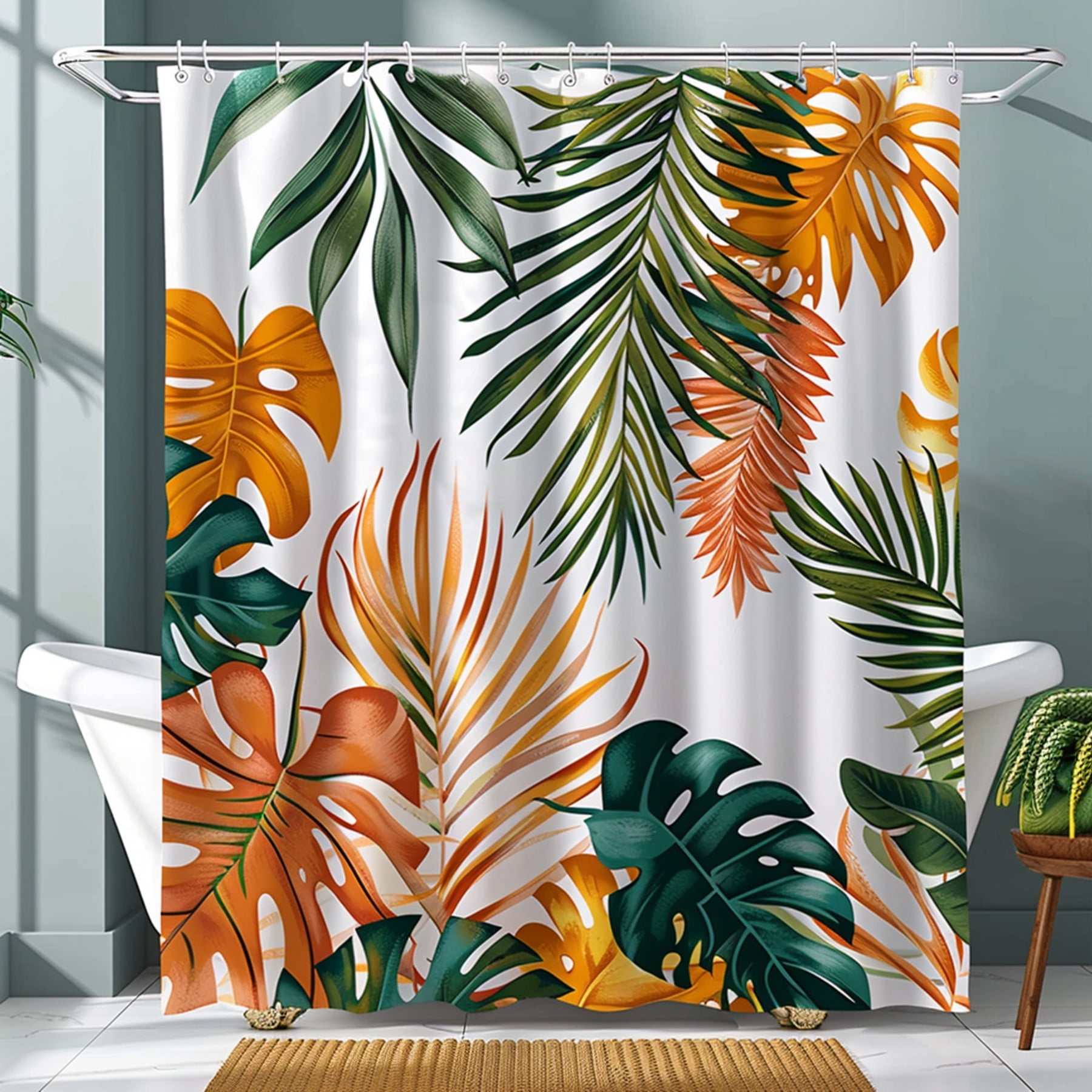 Exotic Tropical Rainforest Shower Curtain with White and Orange Leaves