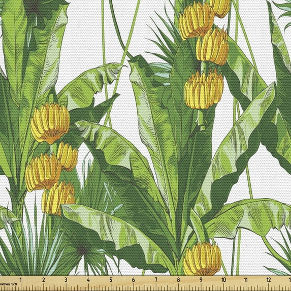 Ambesonne Exotic Fabric by the Yard Upholstery, Rainforest Tropical Leaves, 10 Yards, Earth Yellow Fern Green