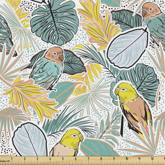 Exotic Upholstery Fabric by the Yard, Pastel Toned Repetitive Pattern of Birds and Blooming Botanical Jungle Elements, Decorative Fabric for DIY and Home Accents, Multicolor by Ambesonne