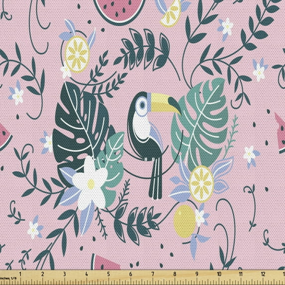 Ambesonne Exotic Fabric by the Yard Upholstery, Pastel Tropical Summer Bird, 10 Yards, Rose and Multicolor