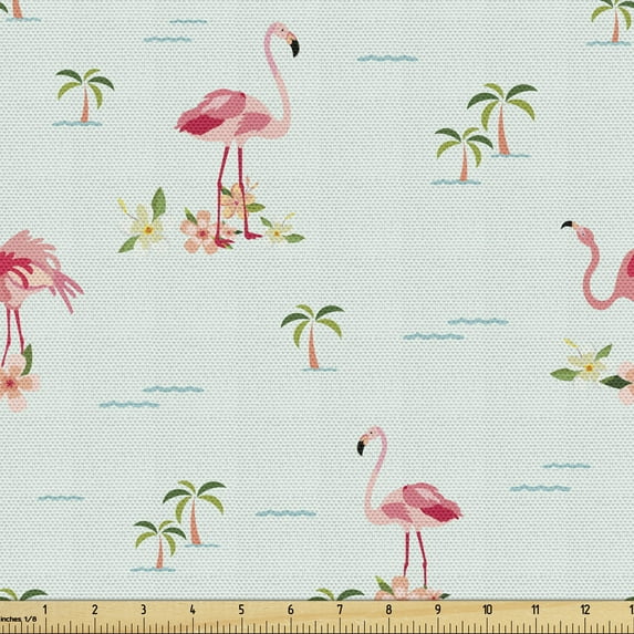 Ambesonne Exotic Fabric by the Yard Upholstery, Tropic Island Illustration, 1 Yard, Pale Mint Green Blush