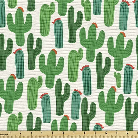 Ambesonne Exotic Fabric by the Yard Upholstery, Colorful Themed Cactus Motif, 10 Yards, Forest Green and Red