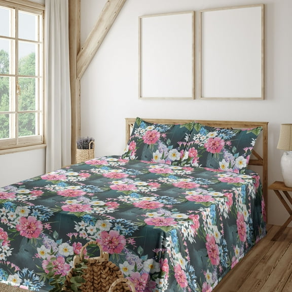 Ambesonne Exotic Vibes Fitted & Flat Sheet with Shams 4 Pcs Set, Tropical Peony Pattern, King, Pastel Pink Dark Teal