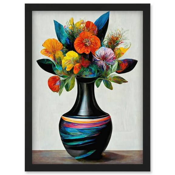 Exotic Vibrant Flower Bouquet In Black Decorated Vase Artwork Framed Wall Art Print A4