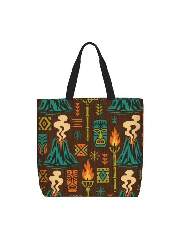 Exotic Volcano & Tribal Symbol Decor Tote Bag Reusable Shoulder Handbag Top Handle Purse for Shopping Work