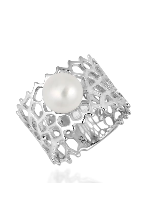 Exotic White Pearl Coral Reef Band Sterling Silver Ring-9