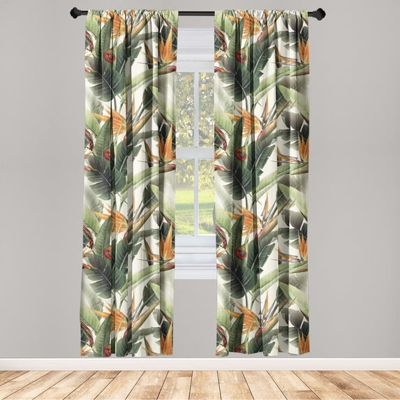 Exotic Window Curtains, Bird of Paradise Flowers Tropical Design Pattern Vintage Hawaiian Style, Lightweight Decor 2-Panel Set with Rod Pocket, Pair of - 28"x63", Marigold Green Eggshell, by Ambesonne