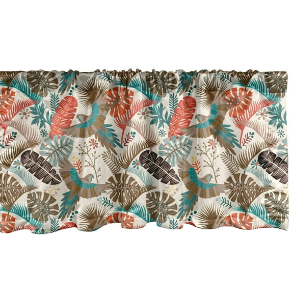 Exotic Window Valance, Tropical Leaves and Parrots in Abstract Earthy Tones Repetitive Pattern, Curtain Valance for Kitchen Bedroom Decor with Rod Pocket, 54" X 12", Ivory and Multicolor, by Ambesonne