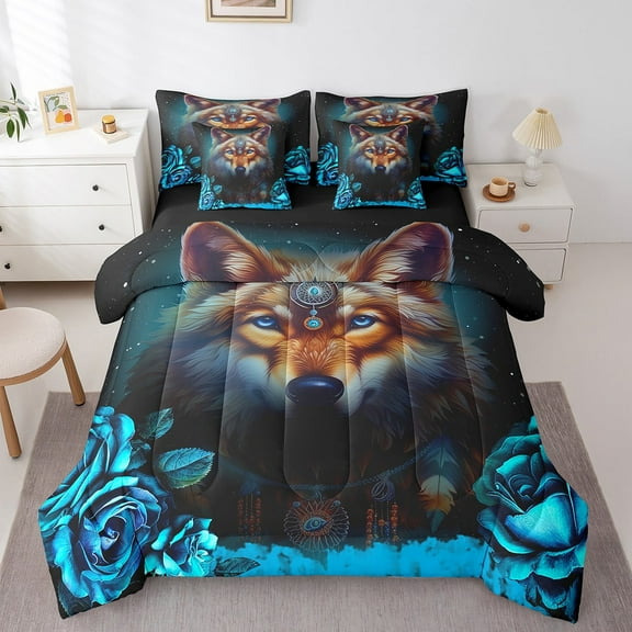 Exotic Wolf Bed in a Bag Queen Comforter Set 7 Piece,Gothic Sheet Set with Comforter,Teal Rose Bedding Sets,Bohemian Flowers Bed Set Goth American Animals Room Decor