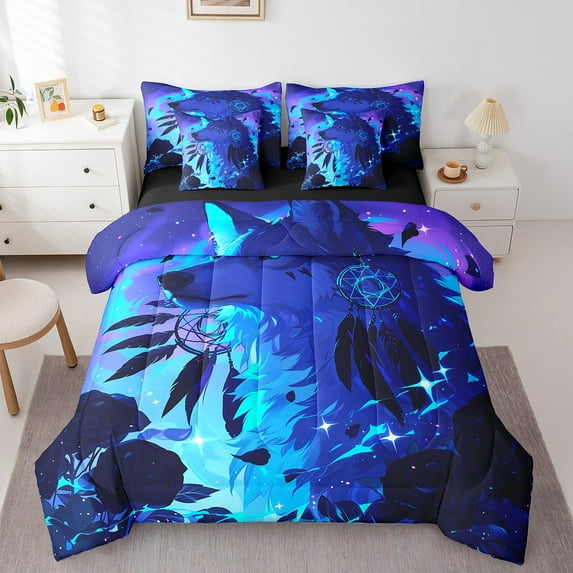 Exotic Wolf Comforter Set 7 Piece Bed in a Bag Twin,Dream Catchers Bedding Sets Rose Flowers Galaxy Bedding Comforter Sets,Wild Woodland Animals Sheet Set with Comforter
