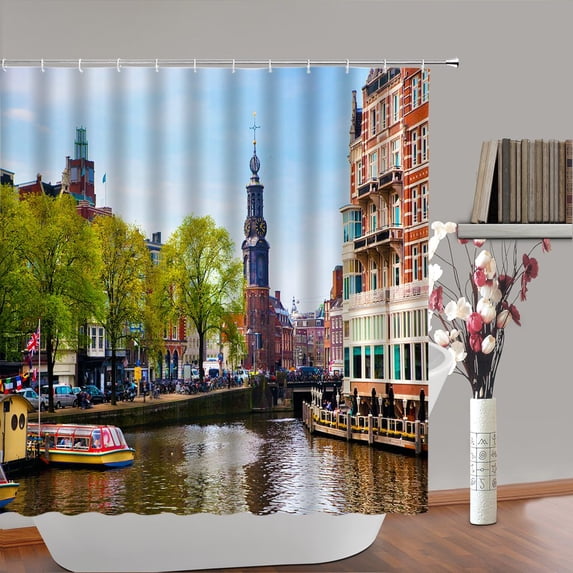 Exotic ry Shower Curtain 3D Building Bridge River Church Landscape Bath Curtains Waterproo