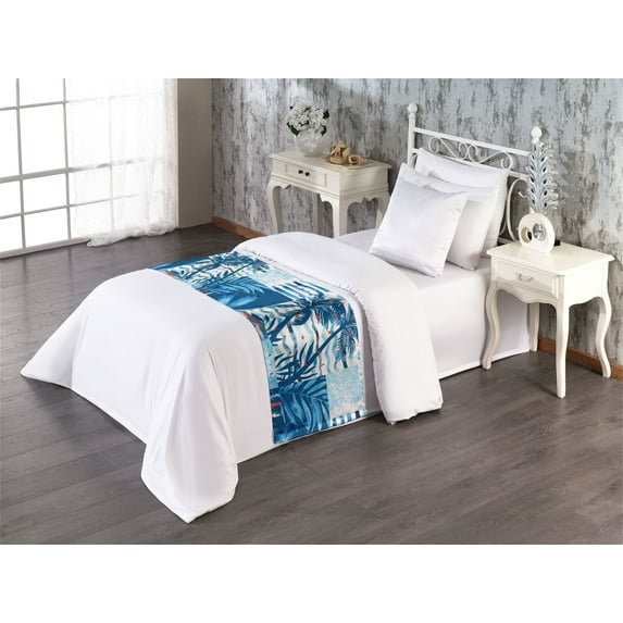 Exotics Bed Runner, Chill Hawaii Vibes Palm Tree Silhouettes with Stripes and Squares Art, Decorative Accent Bedding Scarf for Hotels Homes & Guest Rooms, Twin, Dark Lavender Dark Pink, by Ambesonne