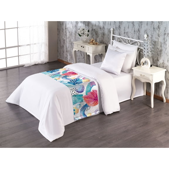 Exotics Bed Runner, Colorful Design Modern Hawaii Leaves Pattern with Memphis Ornaments, Decorative Accent Bedding Scarf for Hotels Homes & Guest Rooms, Twin, Dark Coral Dark Lavender, by Ambesonne