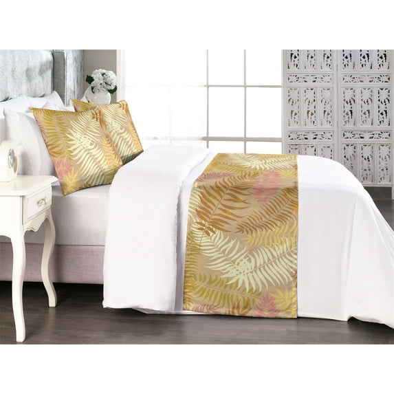 Exotics Bed Runner Set, Chill Vibes Neutral Tropical Leafy Silhouettes Dreamy Feelings Aloha Art, Decorative Bedding Scarf & 2 Pillow Shams for Hotels Homes, Queen, Pastel Pink Mustard, by Ambesonne