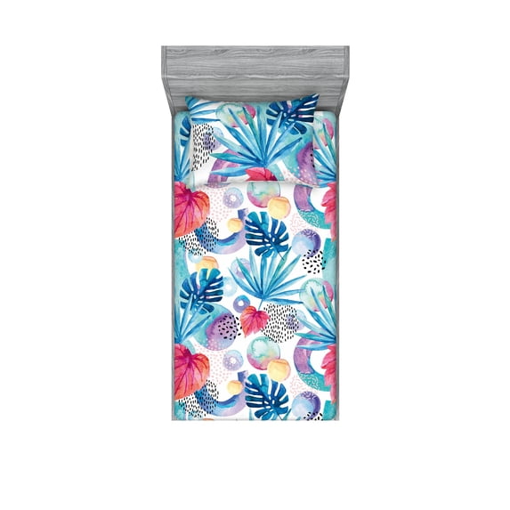 Exotics Fitted Sheet & Pillow Sham Set, Colorful Design Modern Hawaii Leaves Pattern with Memphis Ornaments, Decorative Printed 2 Piece Bedding Decor, Twin, Dark Coral Dark Lavender, by Ambesonne