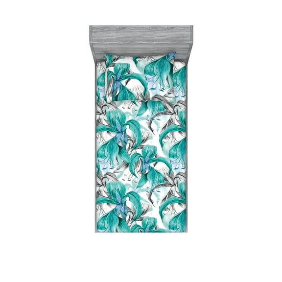 Exotics Fitted Sheet & Pillow Sham Set, Dreamy Illustration of Wild Jungle Flowers with Boho Petals Print, Decorative Printed 2 Piece Bedding Decor, Twin, Dark Seafoam and Champagne, by Ambesonne