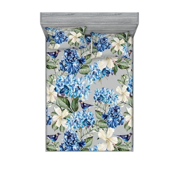 Exotics Fitted Sheet & Pillow Sham Set, Simple Design Modern Hydrangea and Hibiscus Pattern with Birds Print, Decorative Printed 3 Piece Bedding Decor, Full, Cobalt Blue Peacock Green, by Ambesonne