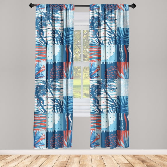 Exotics Window Curtains, Chill Hawaii Vibes Palm Tree Silhouettes with Stripes and Squares Art, Lightweight Decor 2-Panel Set with Rod Pocket, Pair of - 28"x63", Dark Lavender Dark Pink, by Ambesonne
