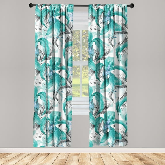 Exotics Window Curtains, Dreamy Illustration of Wild Jungle Flowers with Boho Petals Print, Lightweight Decor 2-Panel Set with Rod Pocket, Pair of - 28"x84", Dark Seafoam and Champagne, by Ambesonne