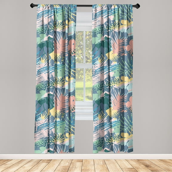 Exotics Window Curtains, Dreamy Silhouettes of Boho Tropical Leaves Pattern with Pop Art Colors, Lightweight Decor 2-Panel Set with Rod Pocket, Pair of - 28"x63", Sea Green Pastel Pink, by Ambesonne