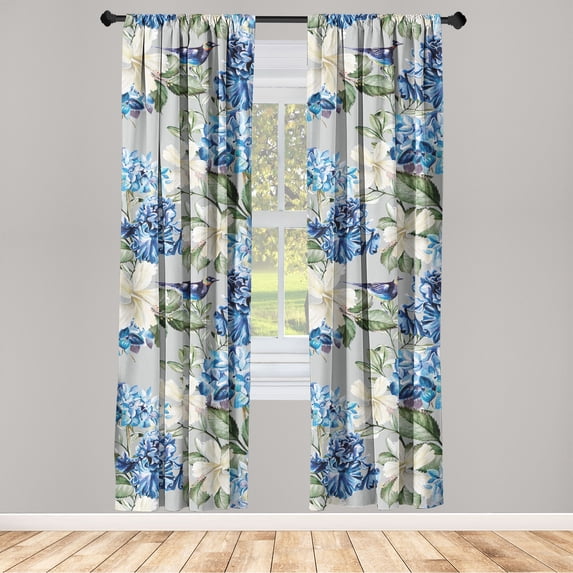 Exotics Window Curtains, Simple Design Modern Hydrangea and Hibiscus Pattern with Birds Print, Lightweight Decor 2-Panel Set with Rod Pocket, Pair of - 28"x84", Cobalt Blue Peacock Green, by Ambesonne