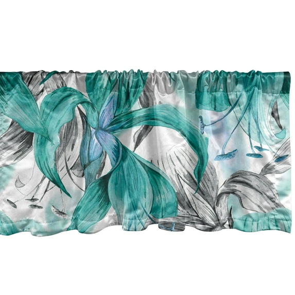 Exotics Window Valance, Dreamy Illustration of Wild Jungle Flowers with Boho Petals Print, Curtain Valance for Kitchen Bedroom with Rod Pocket, 54" X 18", Dark Seafoam and Champagne, by Ambesonne