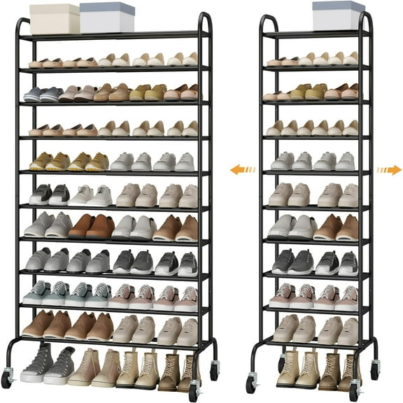 Expandable 10-Tier Metal Tall Shoe Rack, Free-Standing, Black, Powder-Coated, with Locking Casters