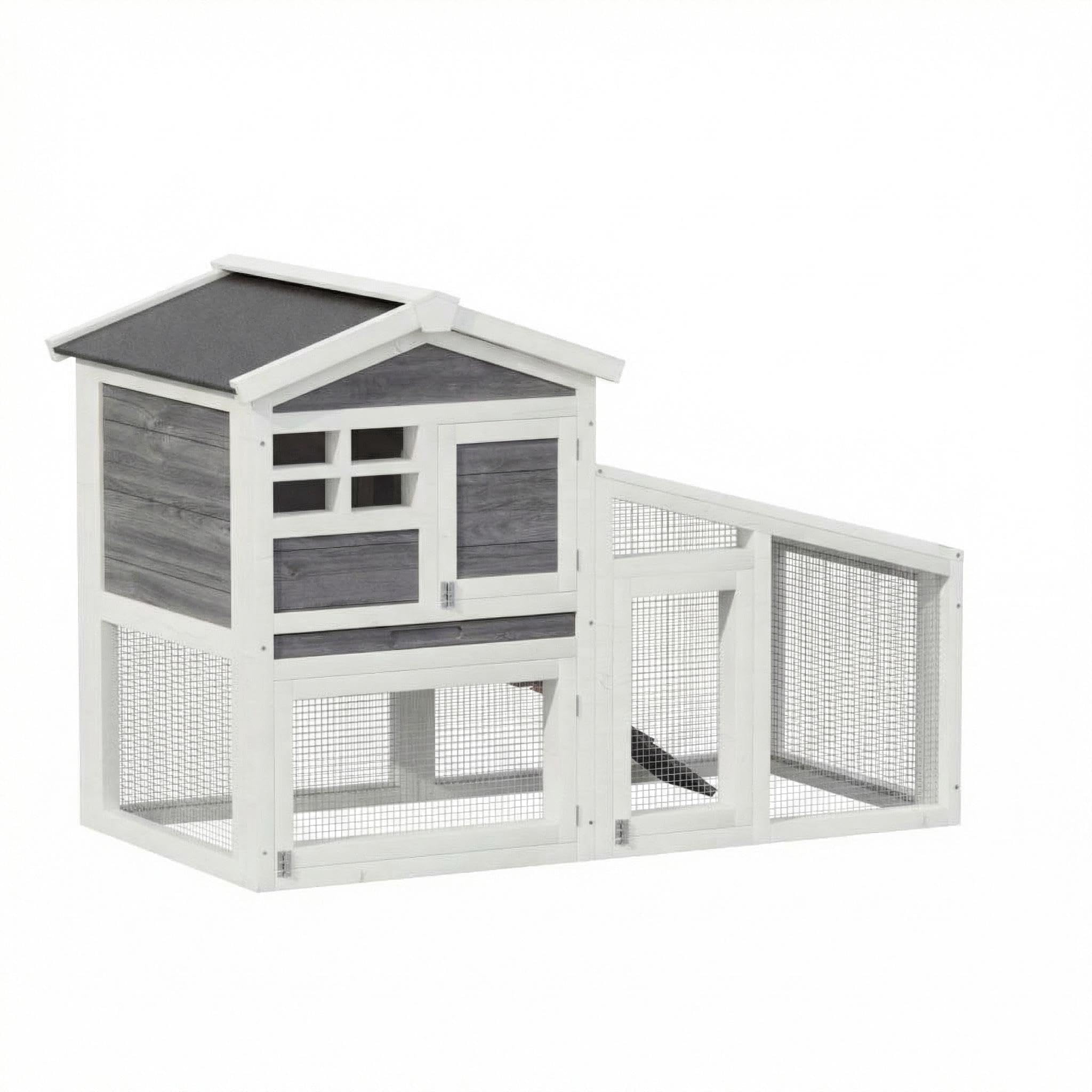 Expandable 2-Story Wooden Small Animal Cage – Anti-Chew Metal Frame, Removable Tray, Non-Slip Ramp, Weatherproof Asphalt Roof – Hutch for Rabbits, Guinea Pigs, Chickens, Ducks – Gray