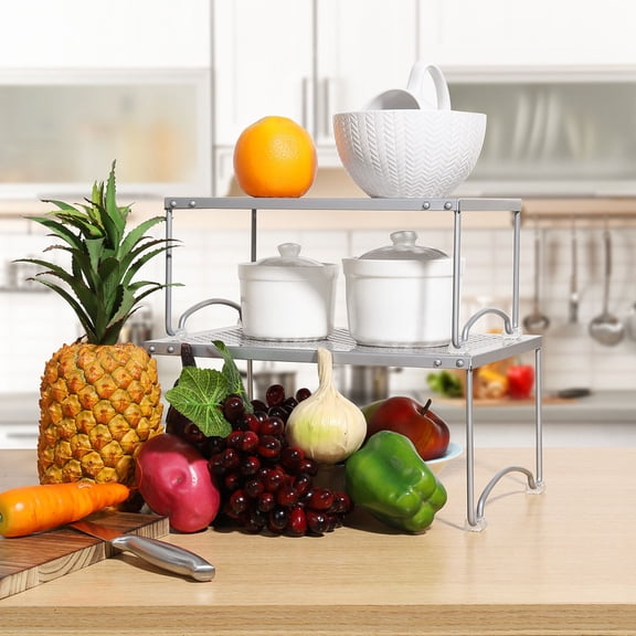 Expandable 2-Tier Cabinet Shelf, Adjustable Silver Metal Spice Rack Organizer for Kitchen Counter, Pantry, Bathroom