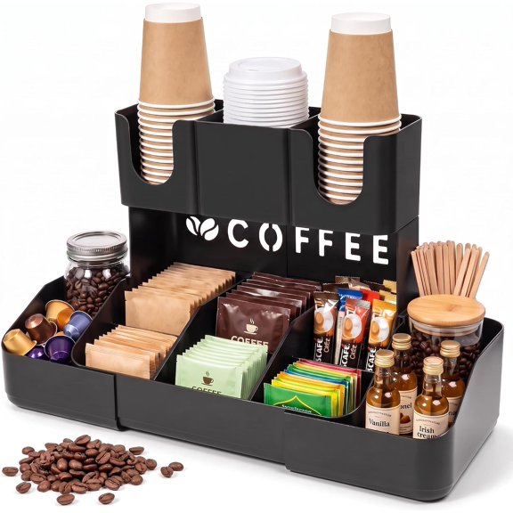 Expandable 2 Tier Coffee Station Organizer, Coffee Bar Organizer with 11 Compartments & Cup Holder Rack, Coffee Pod Holder for K Cups, Tea Bags, Sugar Packets, Countertop Coffee Accessories Storage