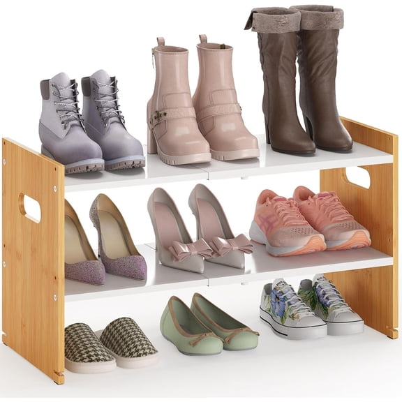 Expandable-2-Tier-Shoe-Rack-for-Closet With Adjustable Height, and Metal Combination Shoe Shelf Organizer with Handles, Space-Saving Shoes Holder Stand Storage for Entryway, Entrance, Garage
