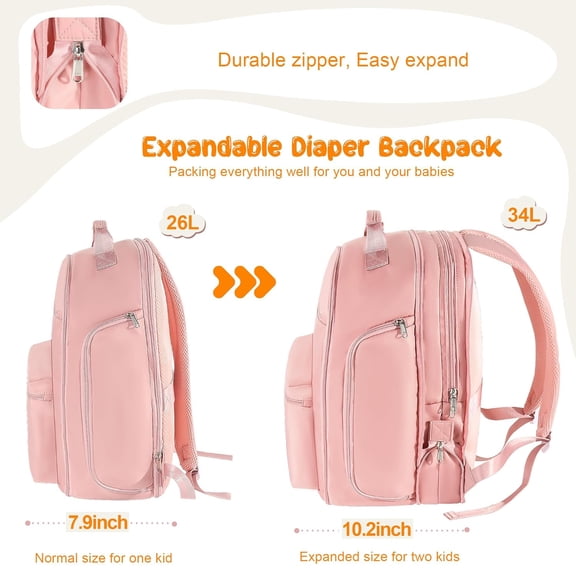 Expandable 34L Diaper Bag Backpack Baby Travel Bag with Changing Pad, Waist Pack & Stroller Straps, Lightweight, Ergonomic & Gift-Ready for Moms